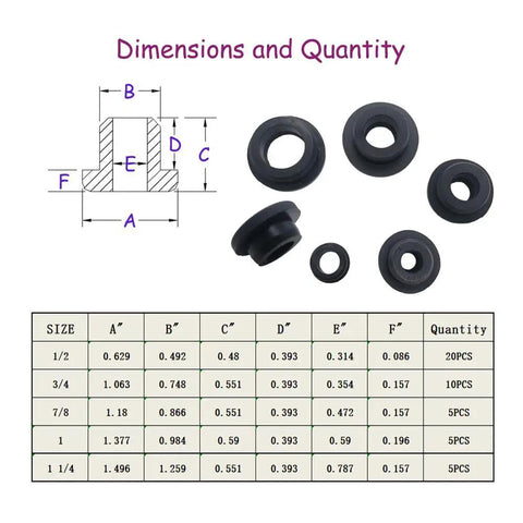 Silicone T Type Grommet Kit 45 Pieces Five Size Grommets with dimensions chart and grommet samples in various sizes.