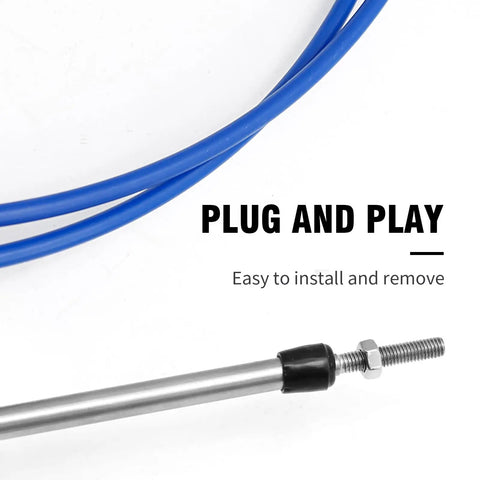 Close-up of 10 Foot Marine Throttle Shift Cable Replacement 33C for Yamaha, showcasing blue cable and stainless steel end.