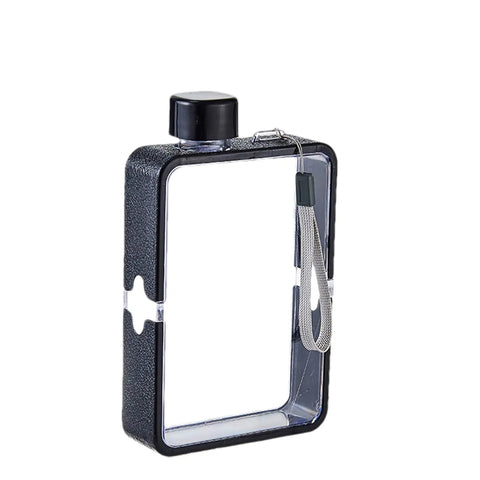Flat Square Water Bottle For On The Go Hydration, Leak Proof And Drop Proof, black, transparent, pocket and purse friendly.