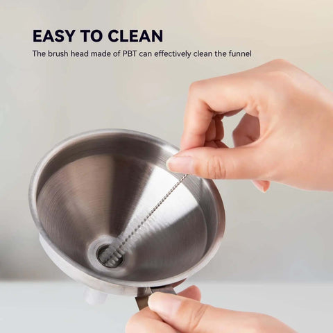 Cleaning a stainless steel resin funnel with a brush, suitable for MSLA DLP LCD 3D printers, aids resin recycling and smooth prints.