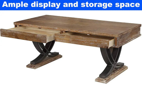 Built Tough Industrial Rustic Coffee Table Crafted From Thick Solid Acacia Wood With Two Deep Storage Drawers And Heavy Duty X Shaped Steel Base For Modern Living Room Decor, showing drawers.