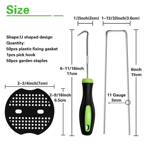 Diagram showing Heavy Duty 6 Inch Garden Landscape Staples U Shaped 11 Gauge Galvanized Pins With 50 Staples And 50 Gasket Washers, dimensions noted.