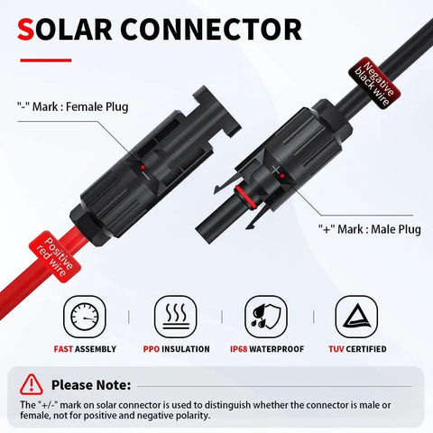 10 AWG Solar Panel Connector Cable With Male And Female Connectors For Solar Generator Inverter And Battery Charger O Ring Adapter Heavy Duty Tinned Copper Wire 105C Rated Insulated And Flexible