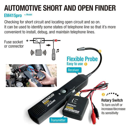 Automotive Wire Tracker Pro with Short and Open Circuit Finder and Cable Toner for DC 6 to 42V Flexible Probe showcasing components.