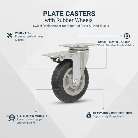 Heavy Duty Swivel Plate Caster Wheel With Standard Mount Bracket For Rough Terrain Replacement On Industrial Carts And Dollies Single Pack, displaying rubber wheel and mount plate.