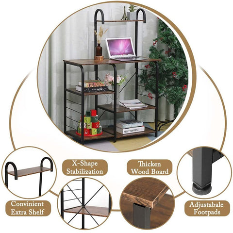 Hella Sturdy Five Tier Industrial Wooden Baker Rack Heavy Utility Storage Shelf No Fuss Oven Stand with laptop on top