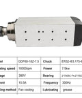 Top Shelf Air Cooled CNC Spindle Motor 7.5KW ER32 Collet view showcasing fan-cooled design, 18000RPM specifications, and durable casing.