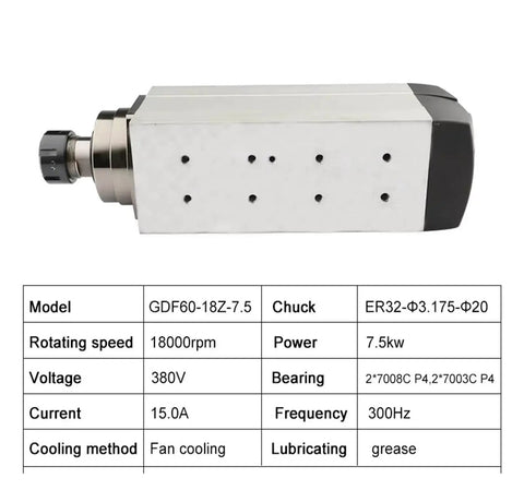 Top Shelf Air Cooled CNC Spindle Motor 7.5KW ER32 Collet view showcasing fan-cooled design, 18000RPM specifications, and durable casing.