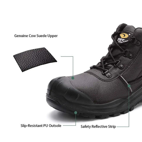 Front view of water-resistant 6-inch steel toe work boots for men, EH rated safety footwear up to 600V with slip-resistant sole.