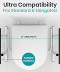 Heavy Duty Toilet Safety Rail With Arms Providing Top Shelf Bathroom Support shown with 21" arm width and padded handles.