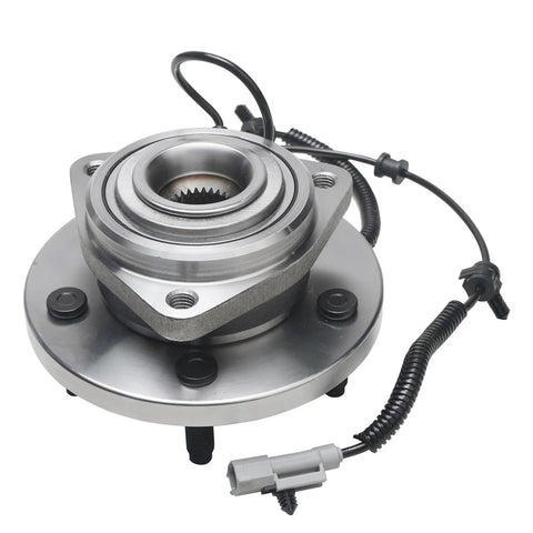 2 Pack Front Wheel Bearing Hubs Assembly For Jeep Commander 2006 2010 And Grand Cherokee 2005 2010 Front Left And Right 5 Bolt Lugs Sensor Wire ABS Compatible Direct Fit Replacement showing a close-up of the hub with ABS sensor wire.