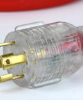 Close-up of lighted plug end of Beefy 30 Amp L14-30 Generator Extension Cord, 30ft Long, 4 prong design, SJEOW insulation visible