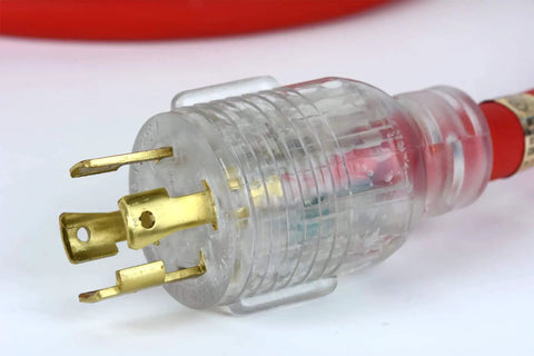 Close-up of lighted plug end of Beefy 30 Amp L14-30 Generator Extension Cord, 30ft Long, 4 prong design, SJEOW insulation visible