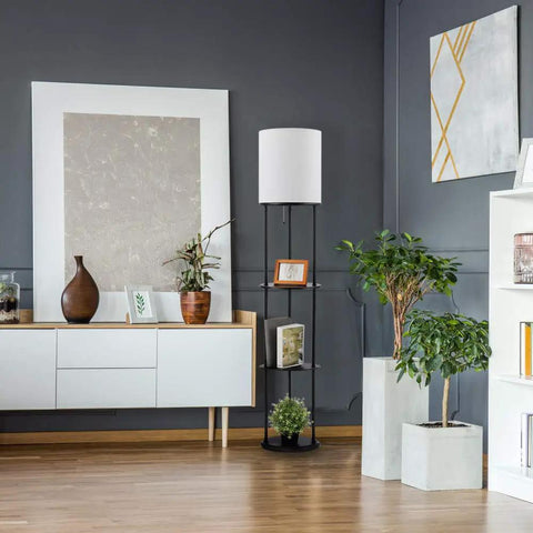 Versailles Floor Lamp With Built-In Shelves, 57.5 Inch Matte Black, White Linen Shade in modern living room setting