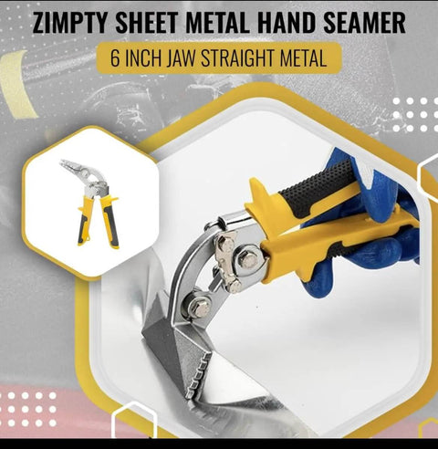 Three Inch Curved Jaw Offset Sheet Metal Bender with yellow rubber grip being used on metal sheet