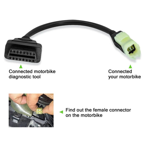 Kawasaki 4 Pin To 16 Pin OBD2 Diagnostic Cable For Motorcycles Plug And Play ECU Programming Adapter connected to motorbike