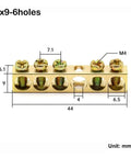 Top Shelf One Pack Golden Wire Screw Connector Terminal Block With Snug Six By Nine Crimp Holes For Heavy Duty Electrical Wiring And No Fuss Quick Connect Installations, detailed view with dimensions.