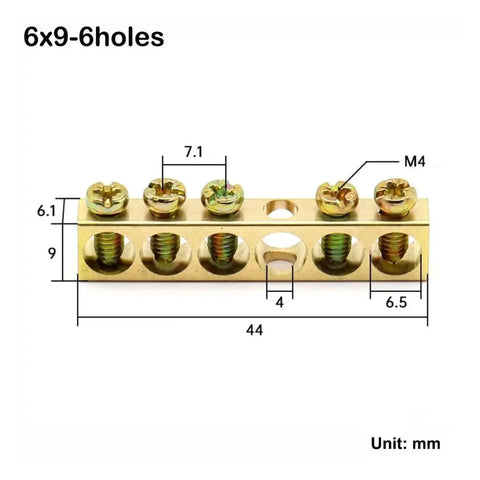 Top Shelf One Pack Golden Wire Screw Connector Terminal Block With Snug Six By Nine Crimp Holes For Heavy Duty Electrical Wiring And No Fuss Quick Connect Installations, detailed view with dimensions.