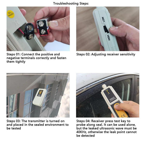 Allsun ultrasonic leak detector for HVAC and automotive; white handheld unit shown with four-step troubleshooting steps