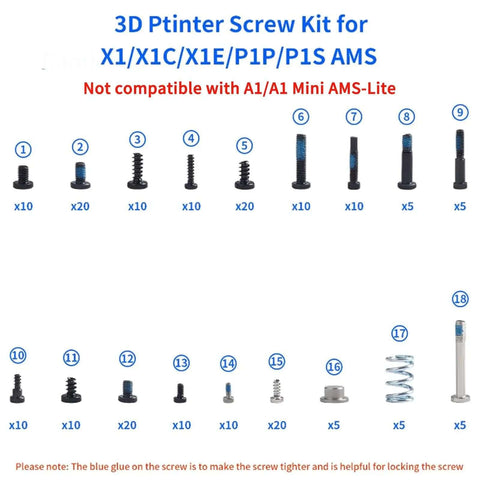 3D Printer Screw Assortment Kit For X1 X1C X1E P1P P1S AMS with various screws labeled in set