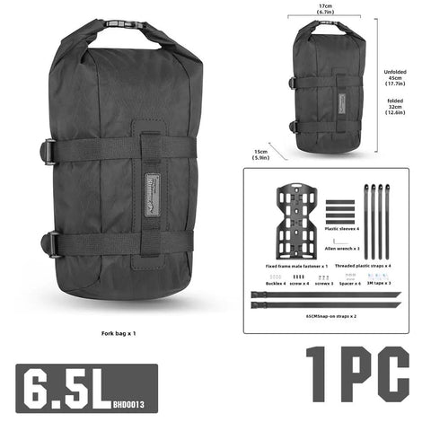 6.5L Waterproof Front Fork Bike Bag With Roll Top Closure For Road Gravel And MTB Universal Mount Fits Forks With Or Without Mounting Holes Durable Tear Resistant 210D Lining Keeps Your Gear Totally Dry On Wet Rides black bag with technical specifications.