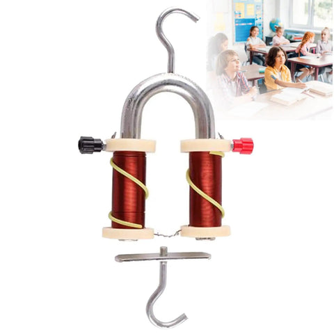 Hands-On Electromagnet Demonstrator Kit For High School Physics Lab, hoof-shaped electromagnet with coiled red wires and hooks