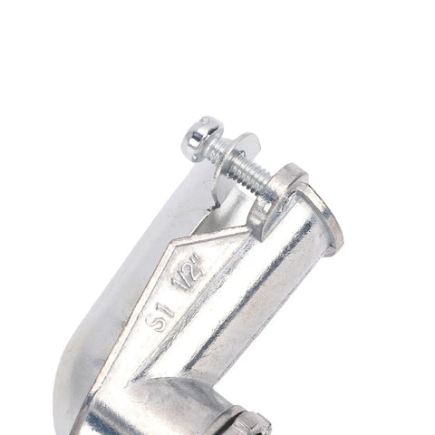 Rock Solid 90 Degree Squeeze Connector For 1/2 Inch Ac Mc And Flexible Metal Conduit showing die cast zinc alloy design with screw and clamp.