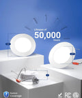 4 Pack 6 Inch Led Flat Recessed Lighting 5Cct Adjustable Ultra Thin 12W No Sweat Diy Swap showing lifespan of 50000 hours on display.