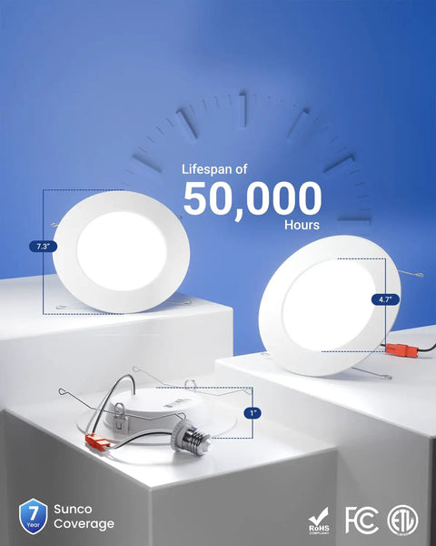 4 Pack 6 Inch Led Flat Recessed Lighting 5Cct Adjustable Ultra Thin 12W No Sweat Diy Swap showing lifespan of 50000 hours on display.