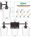 Diagram of 3 Light Bathroom Vanity Light Fixture With Metal Modern Frame, Industrial Over Mirror Lighting, Farmhouse Wall Sconce with dimensions and bulb types