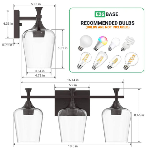 Diagram of 3 Light Bathroom Vanity Light Fixture With Metal Modern Frame, Industrial Over Mirror Lighting, Farmhouse Wall Sconce with dimensions and bulb types