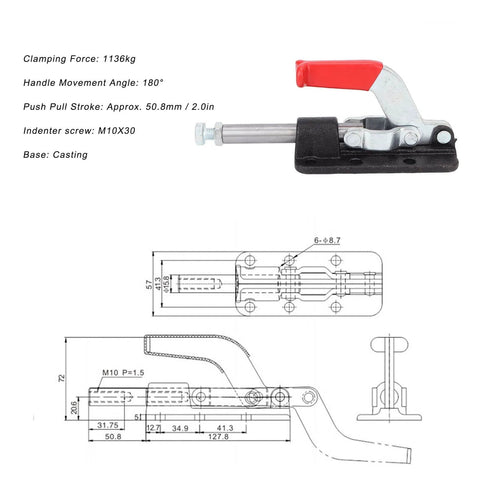 Push Pull Toggle Clamp For Heavy Duty Welding And Fabrication, 30607M Or 36330M, side view with specifications and technical drawing