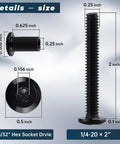 Top Shelf Heavy Duty 1/4-20 X 2 Inch Furniture Connector Bolts And Barrel Nuts Kit With Hex Key In Black 304 Stainless Steel dimensions detailed.