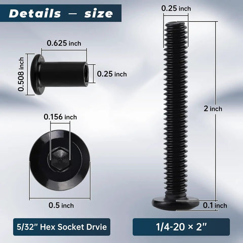 Top Shelf Heavy Duty 1/4-20 X 2 Inch Furniture Connector Bolts And Barrel Nuts Kit With Hex Key In Black 304 Stainless Steel dimensions detailed.