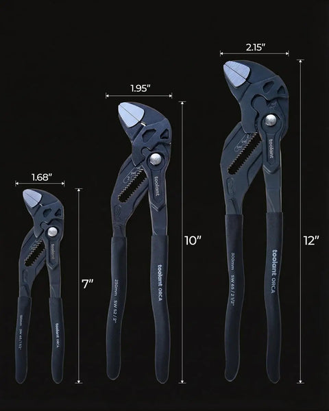 Three different sizes of black 7-Inch Adjustable Pliers Wrench With Pouch CR-V Steel Drop Forged Construction displayed