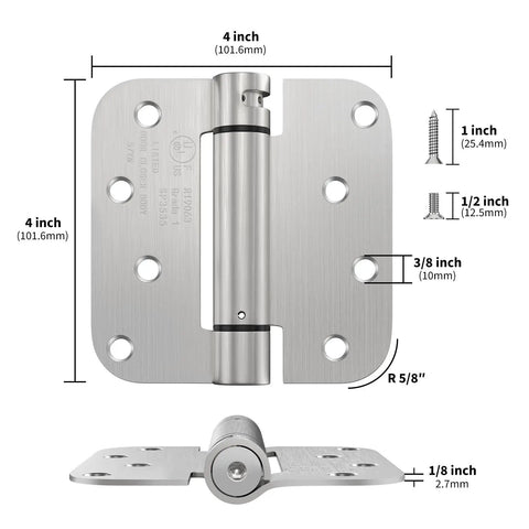 Heavy Duty Self Closing Door Hinges 2 Pack Four Inch Spring Hinges With Adjustable Tension Brushed Nickel Finish Five Eighth Inch Radius Corners