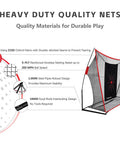 Diagram of 10x7ft Golf Net With Target Cloth And Dual Turf Mats, showing durable netting and robust frame features.