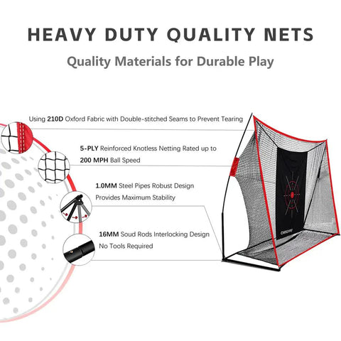 Diagram of 10x7ft Golf Net With Target Cloth And Dual Turf Mats, showing durable netting and robust frame features.
