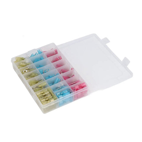 Self-Adjusting Ratchet Ferrule Crimping Tool Kit For AWG 22 To 10 Wires With 200 Insulated Heat Shrink Electrical Connectors And Durable Storage Box Perfect For Marine Wiring Projects. clear plastic storage box with color-coded insulated connectors