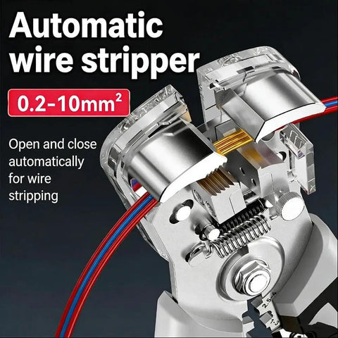 Heavy Duty Automatic Wire Stripper And Crimping Pliers close-up showing automatic wire stripping feature and gauge markings.