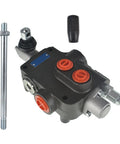 Front view of a black single-spool hydraulic directional control valve with red port caps, SAE ports, and mounting rod.