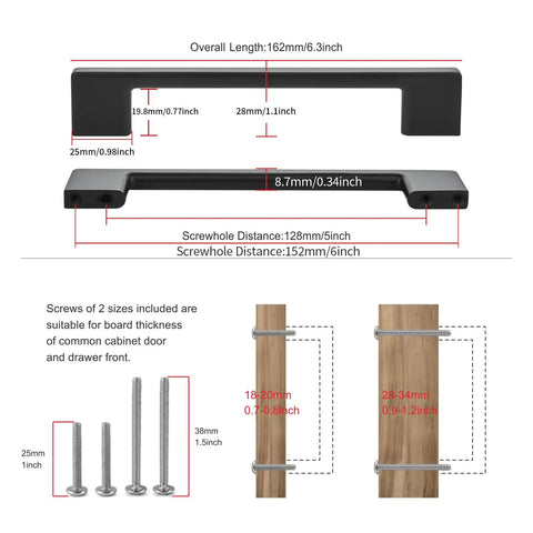 Rock Solid Matte Black Cabinet Handles And Drawer Pulls Bringing A Clean Five Inch Screw Layout Cast From Heavy Duty Zinc Alloy For Quick Kitchen Cupboard And Furniture Fix Ups Delivered With A Silky Grip Feel And Year Round Stamina At A Wallet Friendly, dimensions showing overall length and screw distances.