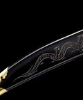 Close-up of Handmade Wushu Dao Sword With Flexible Stainless Steel Blade And Black Scabbard For Kung Fu Training And Display