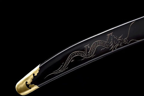 Close-up of Handmade Wushu Dao Sword With Flexible Stainless Steel Blade And Black Scabbard For Kung Fu Training And Display
