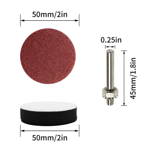 2 Inch Drill Sander Attachment With Backer Plate And One Quarter Inch Shank 100 Piece Sanding Discs Pad Kit dimensions shown