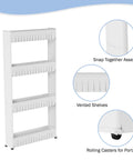Slim Four Tier Rolling Storage Cart On Wheels For Office, Dorm, Bedroom, Bathroom And Laundry Room, Durable Plastic Organizer With High Sides And Grab And Go Mobility, White, showing vented shelves and casters.