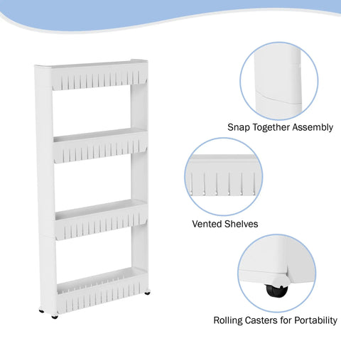 Slim Four Tier Rolling Storage Cart On Wheels For Office, Dorm, Bedroom, Bathroom And Laundry Room, Durable Plastic Organizer With High Sides And Grab And Go Mobility, White, showing vented shelves and casters.