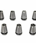 Premium 7Pc ER11 Spring Collet Chuck Set With Self Release Tool Holder For Milling And Grinding Machines Including High Grade Steel Bits Ranging 1 To 7 Mm showing 7 steel collets in varying sizes.