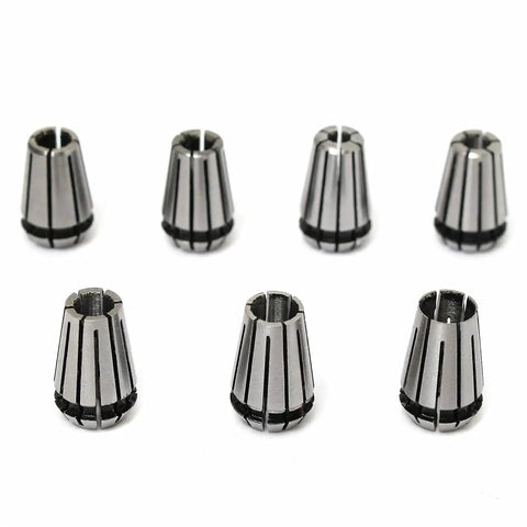 Premium 7Pc ER11 Spring Collet Chuck Set With Self Release Tool Holder For Milling And Grinding Machines Including High Grade Steel Bits Ranging 1 To 7 Mm showing 7 steel collets in varying sizes.