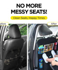 Before and after of car interior with Back Seat Cover For Kids With 6 Pocket Organizer And Two Pack Kick Mats XL Backseat Protector